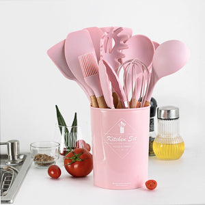 Silicone Cooking Utensils Set Wood Handle