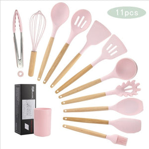 Silicone Cooking Utensils Set Wood Handle