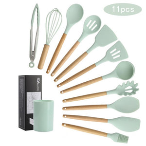 Silicone Cooking Utensils Set Wood Handle
